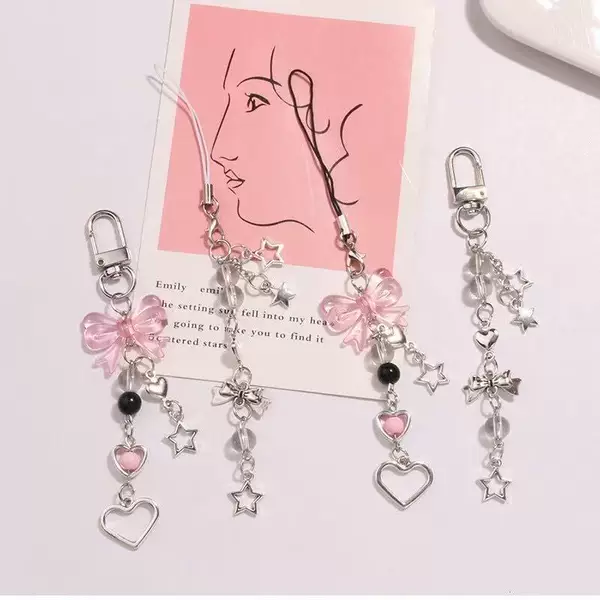 Japanese and Korean Style Ins Style Sweet Girl's Heart silver Star Bow Mobile Phone Chain Simple All-match Goo Card Pendant