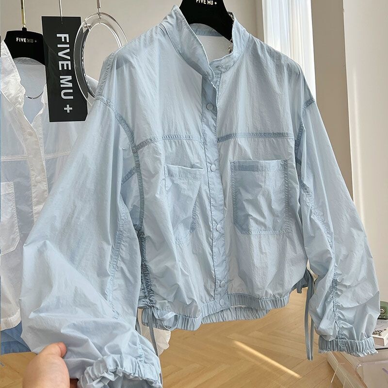 Designer-Inspired Niche High-End Ruched Thin Stand-Collar Sun Protection Jacket for Women, Summer European Style Loose Short Jacket Trendy
