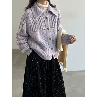 NS 韩系复古麻花翻领针织开衫女26秋新宽松百搭毛衣外套ss1133