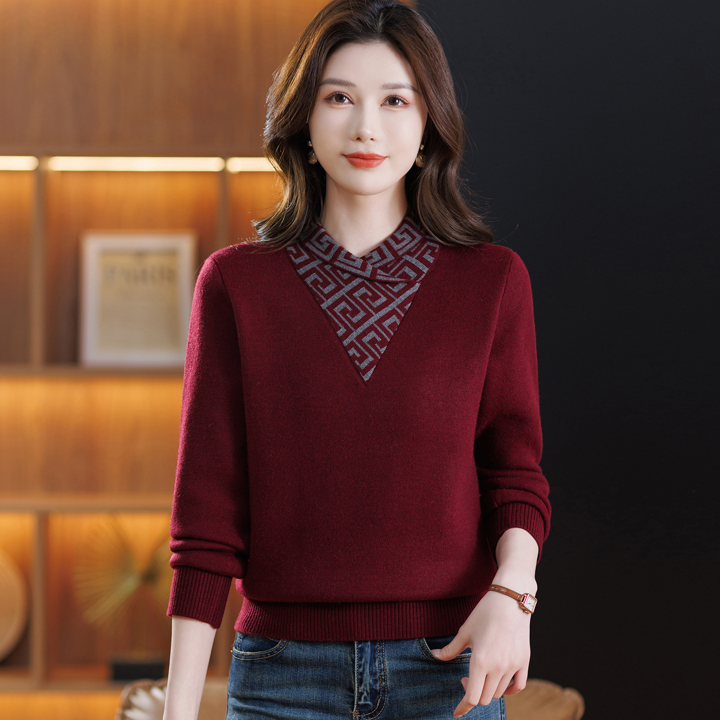 中年妈妈洋气打底衫2025新款时尚中老年女装春秋冬季毛衣加绒加厚，女装针织衫/毛衣，妃慕昵服饰