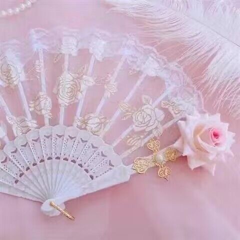 White rose lace pink rose fan with lotus pendant