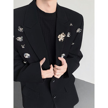 秋装新款男士黑色西装外套高级感玫瑰花朵设计宽松小众潮牌西服潮