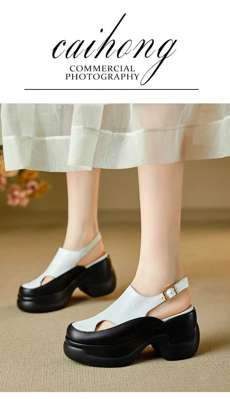 Sandal nữ cao gót đế xuồng platform mũi kín phong cách La Mã, gót 9.5 cm — màu đen, màu trắng chi tiết 1