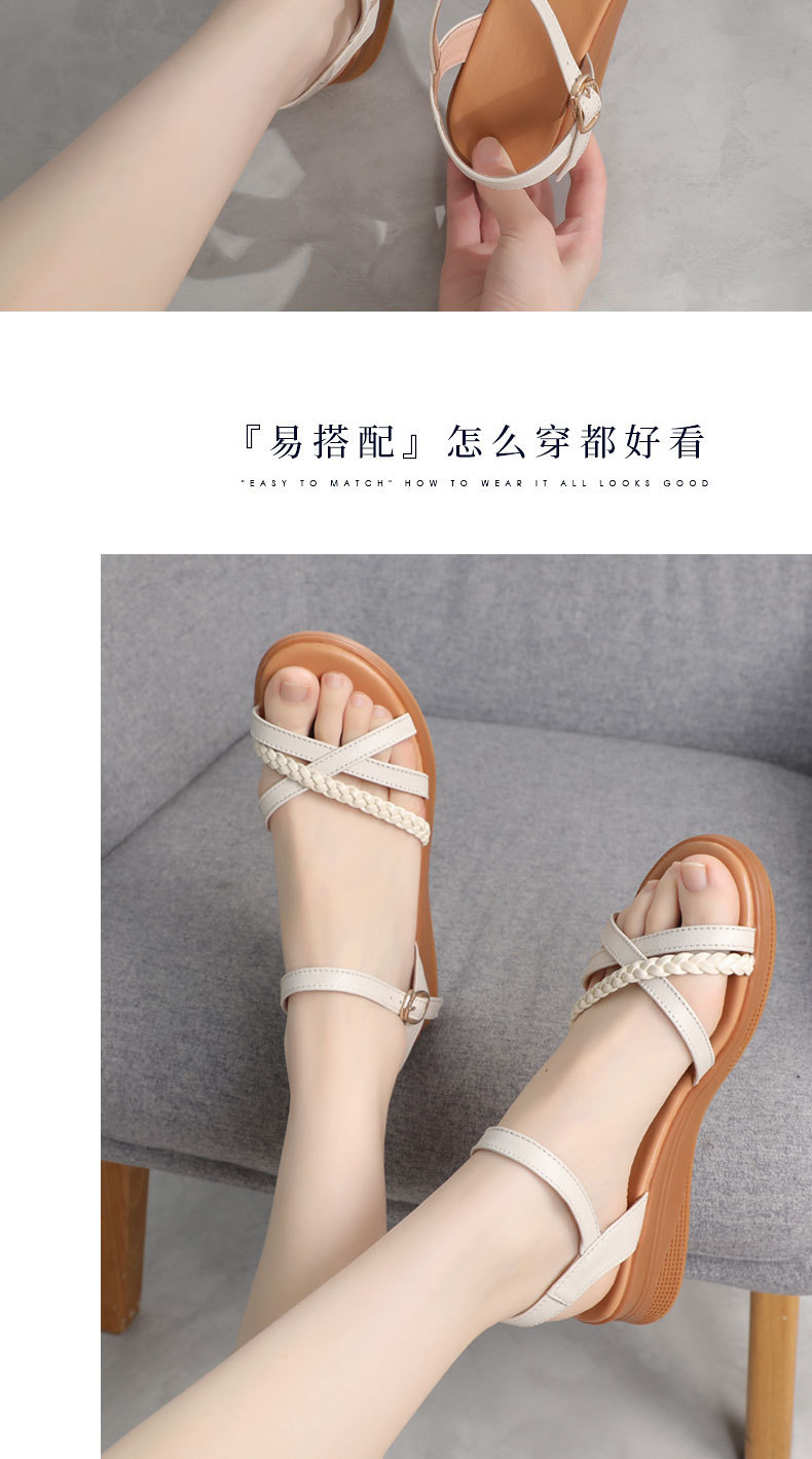 Xăng đan nữ quai ngang đế bằng da thật mùa hè — Màu đen chi tiết 17