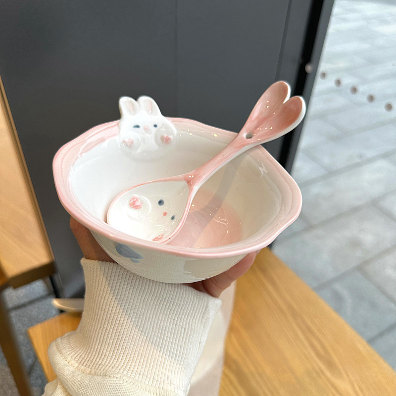 韓国式かわいいアニメウサギ陶磁器釉薬下彩家庭用5インチご飯茶碗女子高颜値児童早食器|undefined