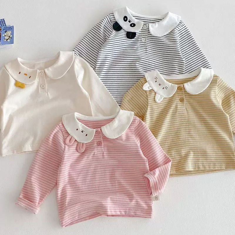 春と秋の女の子の子供服のtシャツの赤ちゃんの洋気の子供の個性の潮のかわいい漫画の耳のストライプの子供の襟の底のシャツ