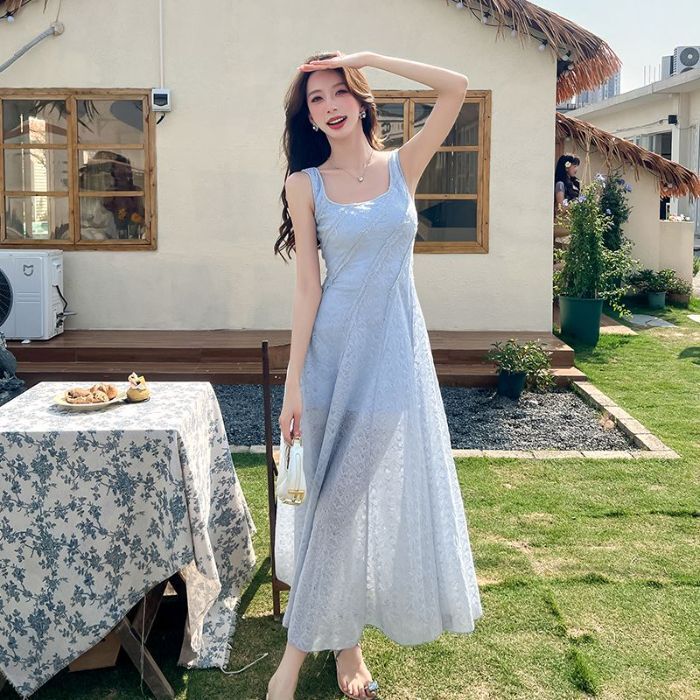 フランスのハイエンドブルーサスペンダードレス女性の夏の新しいウエスト痩身気質ビーチリゾートスタイルロングスカート|undefined