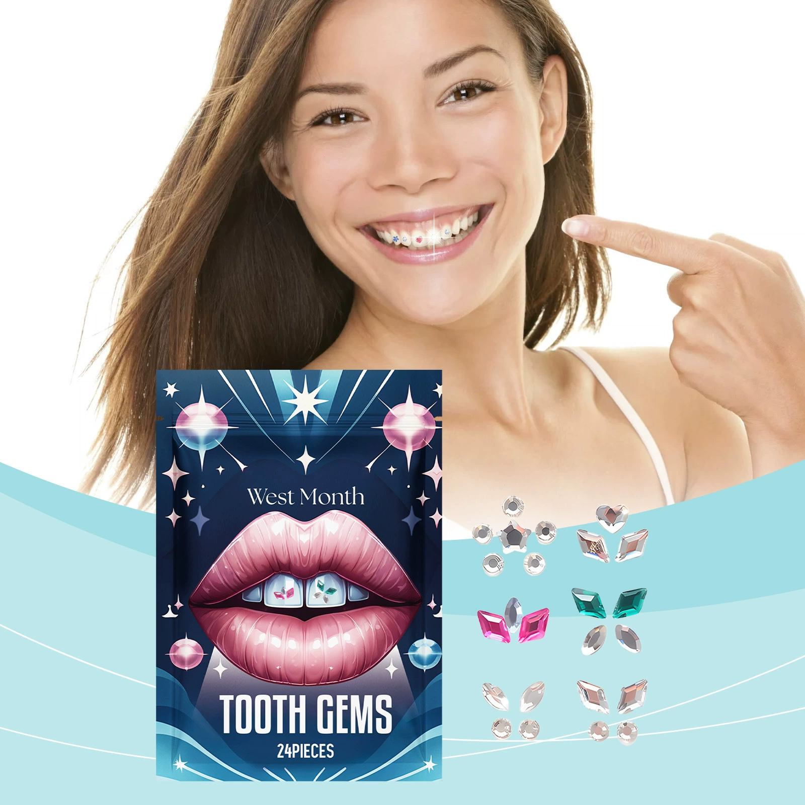 West & Month Кристаллические зубные бриллианты украшают зубы, чтобы улучшить улыбку яркость, долговечная портативная зубная наклейка