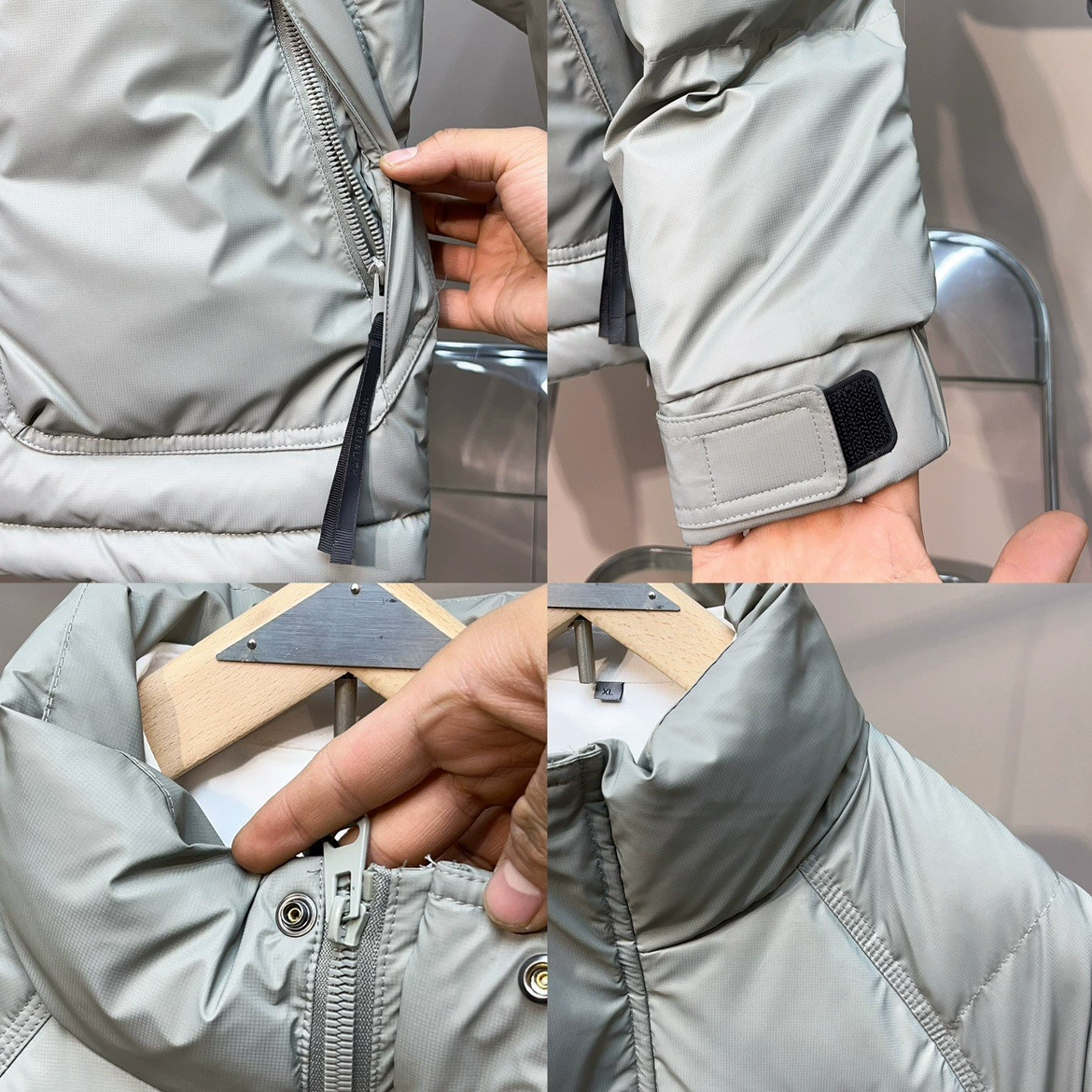 Down jacket, universal winter, duck down filled, velvet‑touch lining, light grey/black