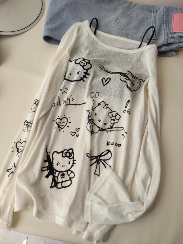 Lazy Slant Shoulder Kitty Long-Sleeved T-Shirt Women's Spring Design Sense Niche Inner Loose Thin Base Blouse Top