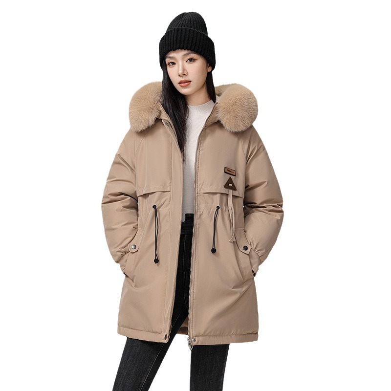 Paik supera 2024 nueva versión coreana de algodón largo y mediano de invierno chaqueta de algodón de cintura de vello chaqueta de cuello grande moda image 6