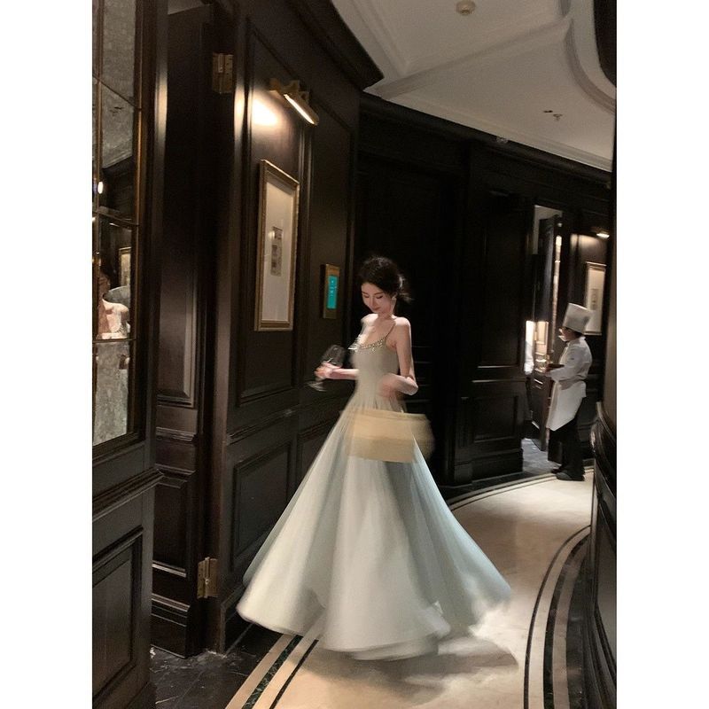 夏季女神氛围感修身水晶钻链网纱大摆吊带连衣裙女名媛风气质长裙|undefined