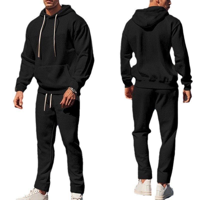 Men's Clothing heavy jacquard small square long sleeved trousers hooded suit _voghion.com