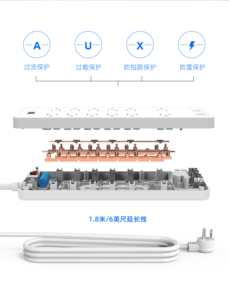 工厂插座拖线板12孔多种功能插排插板带线USB+C口浪涌保护接线板-阿里巴巴