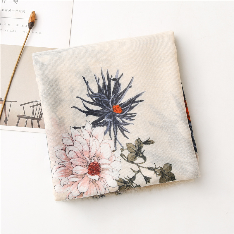 154g Weight Flower Pattern Women'S Gender Printing Design Sweet Style New Cotton Linen Flower Silk Long Scarf 1