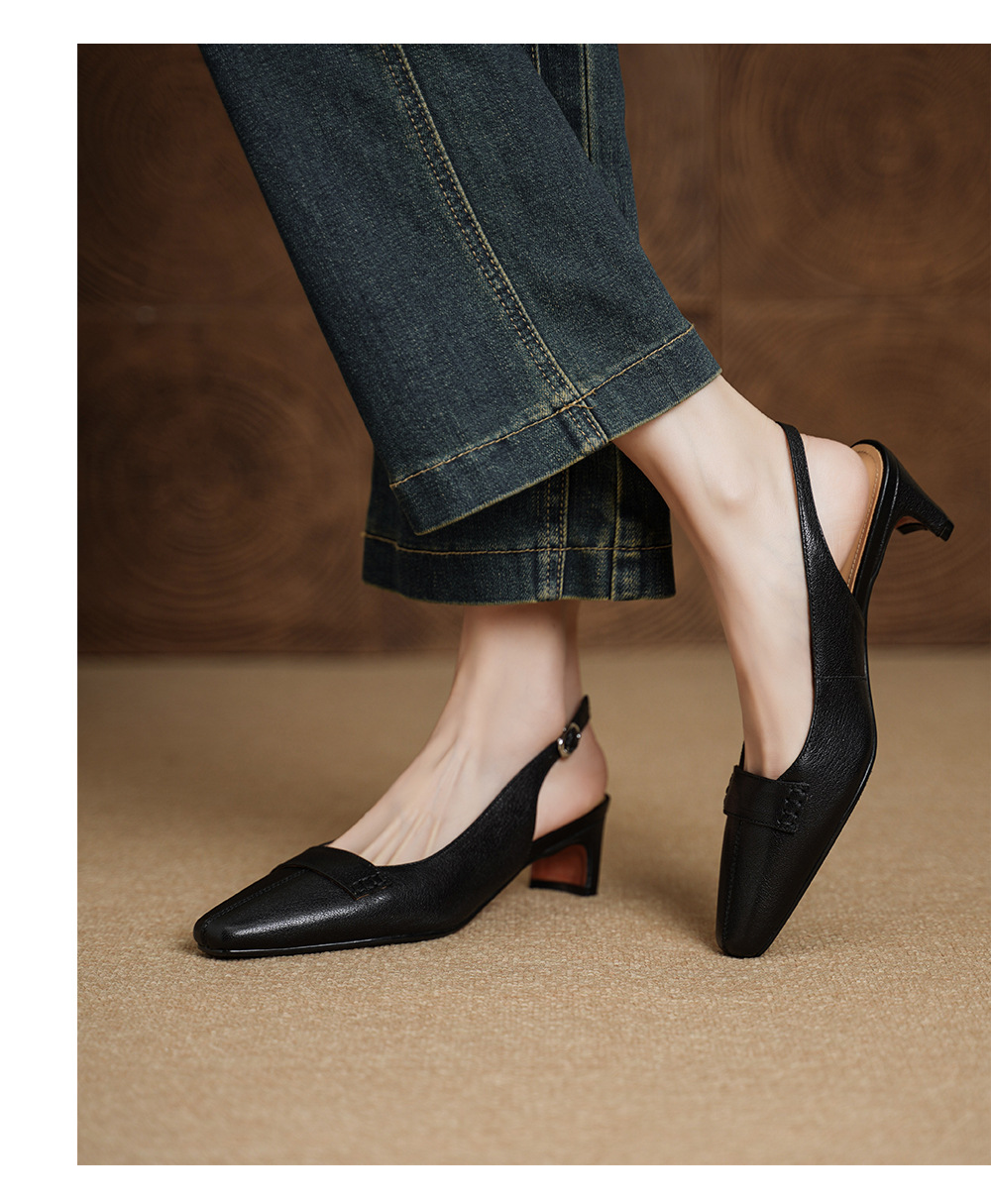 Sandal nữ da dê gót vuông 4.5 cm mũi kín hở gót phong cách Hàn Quốc — đen chi tiết 7
