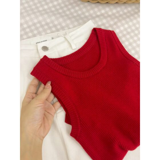 Red White Knitted Sling Women's Spring and Summer Slim-fit Hot Girl Style Vest Chic Anti-running Light Inner Base Top