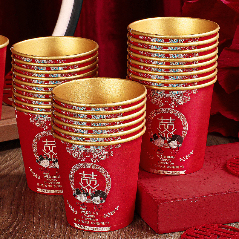 Tazas de papel de boda desechables tazas de boda suministros de boda compromiso de boda gruesa taza de té rojo