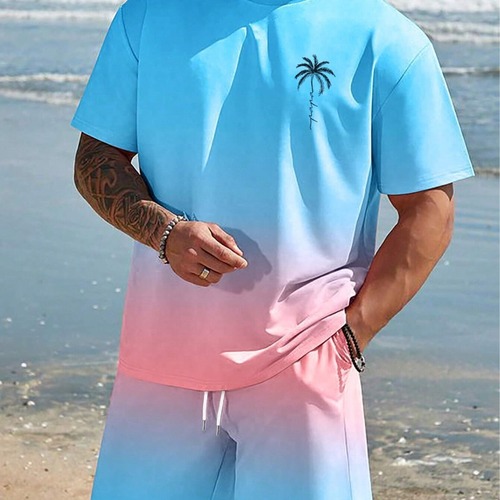 TEMU Summer 3D Print T-shirt and Short Set for Men, Gradient Coconut Tree Pattern Casual Trendy
