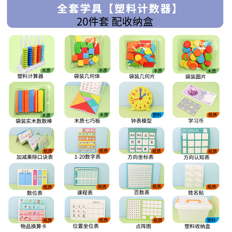 Libro de primer grado Material didáctico de matemáticas Juego completo de caja de equipo de aprendizaje Contador de matemáticas de la escuela primaria Stick Juego de útiles escolares de geometría image 8