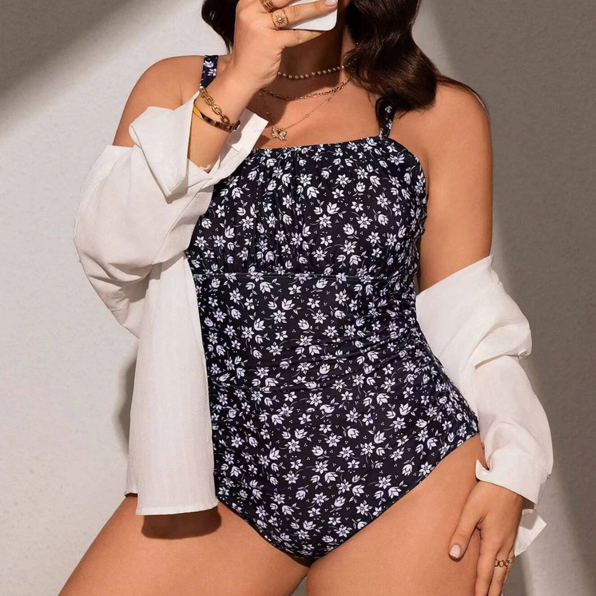 Купальник, европейский стиль, plus size, цветочный принт, облегающий, эффект лифтинга, приталенный