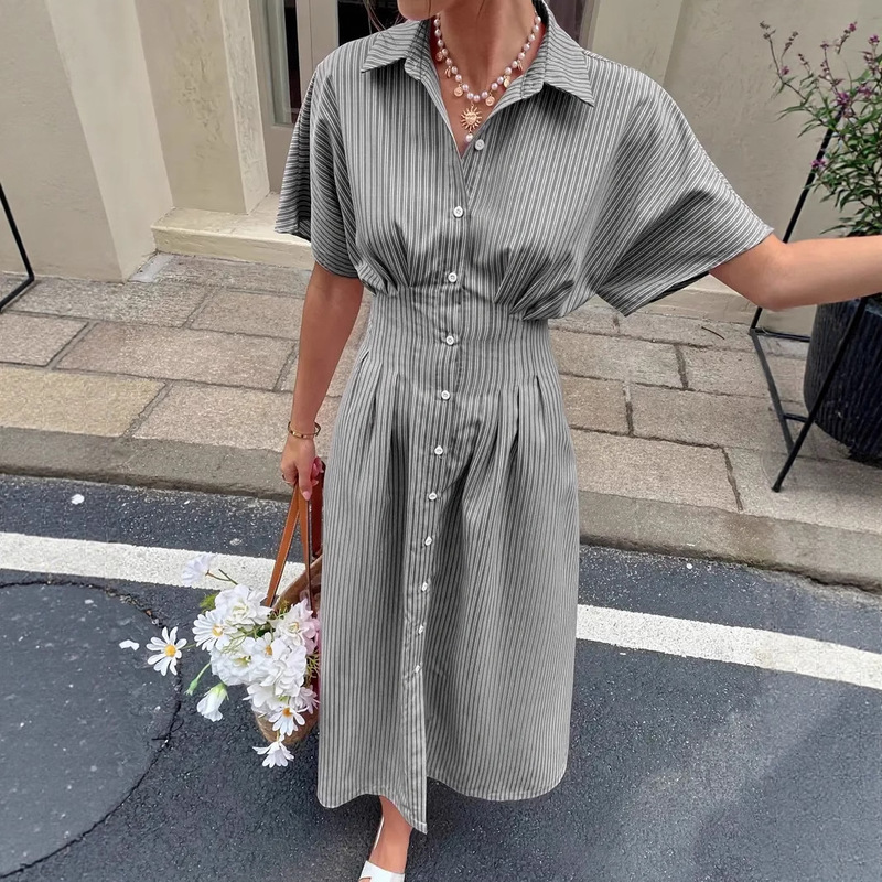 欧美跨境独立站时尚条纹短袖中长款压褶收腰下摆开衩连衣裙衬衫裙|undefined