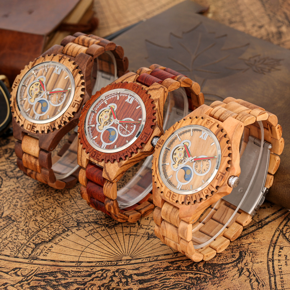 Automatic Mechanical Watch Men Zebra Wood Red Sandalwood Skeleton_voghion.com
