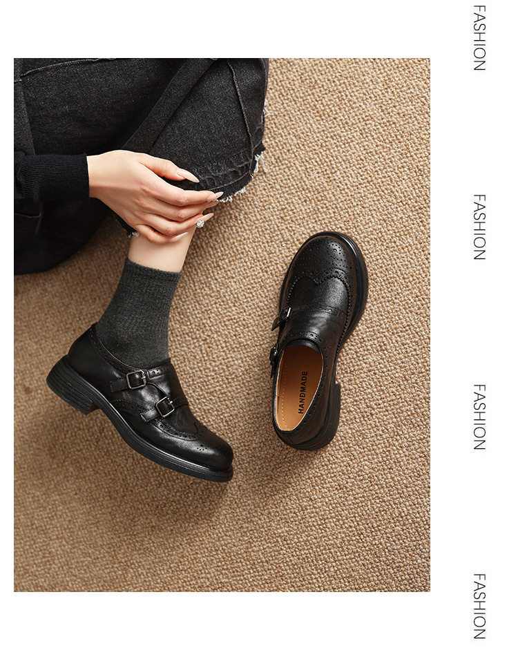 Giày loafer nữ mũi tròn bít phong cách Anh quốc, khóa thắt lưng trang trí — màu nâu chi tiết 11