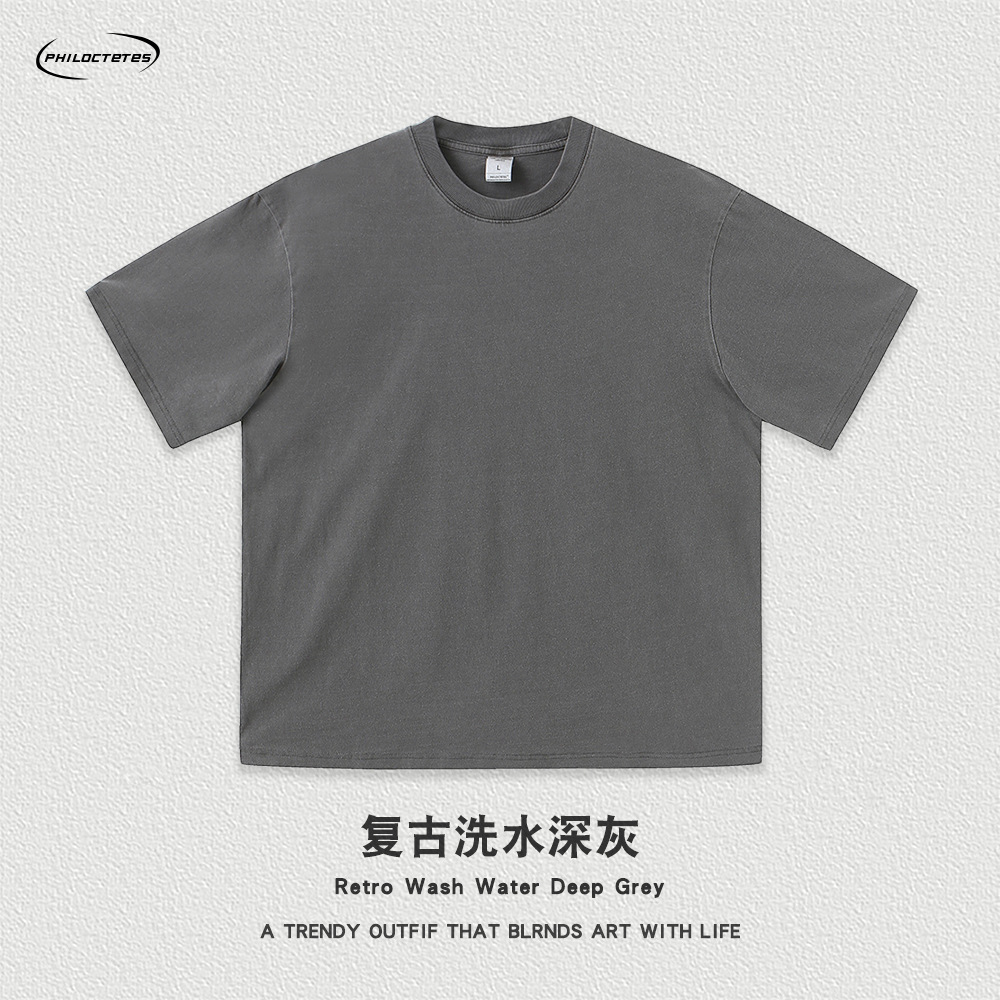 Comercio exterior pesado 260g flor frita apenado color sólido de manga corta Camiseta hombres y mujeres sueltos lavados camiseta de marca de moda estadounidense transfronteriza