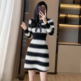 韩国气质温柔淑女港式复古小香风条纹蝴蝶结针织毛衣连衣裙感