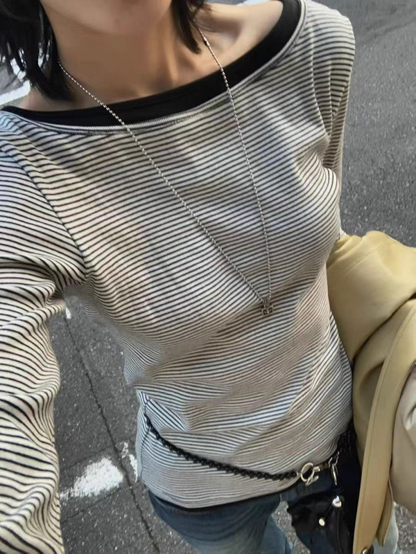 现货2025秋季新韩国东大门后背U领拼接假两件一字领条纹T恤上衣女|undefined