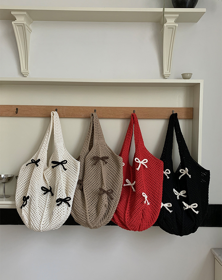 255g Weight Weave Fashion Element Open Closure Type Double Shoulder Straps Strap Type Tote Bag Bags Type Casual, Holiday Occasion Knit Material Bow Knot Pattern Spring&Summer Season Women's Gender Vacation, Beach Style Oval Shape Women's Knit Bow Knot Vacation Beach Weave Oval Open Tote Bag 8
