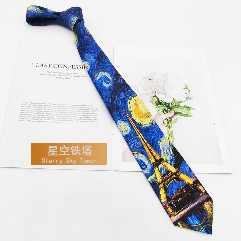 Van Gogh Pintura al óleo Hombre Impresión de seda de poliéster Corbata retro Fabricante Spot Moda Casual Corbata Mano 8cm