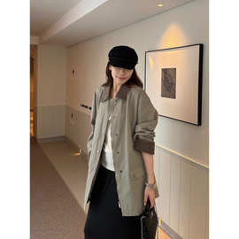 元派bluepops2025秋季新款灯芯绒拼接翻领风衣中长款外套女W2316