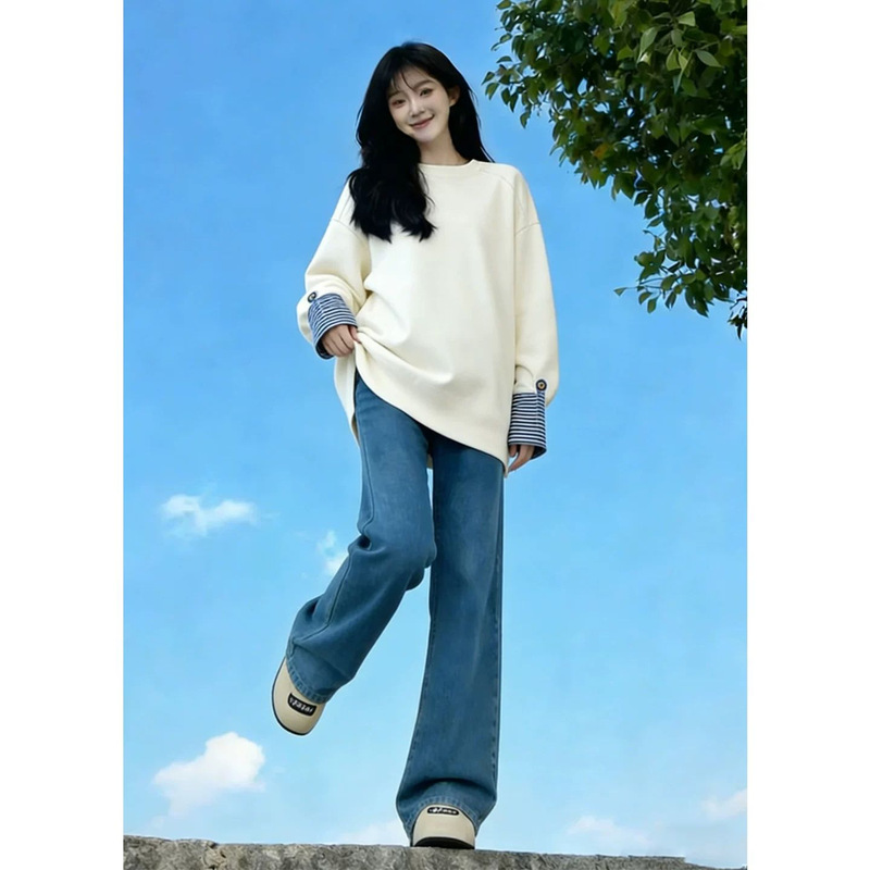 Maternity long-sleeve sweatshirt set with striped sleeve splicing, new spring/autumn base shirt, loose top two-piece set Maternity long-sleeve sweatshirt set with striped sleeve splicing, new spring/autumn base shirt, loose top two-piece set