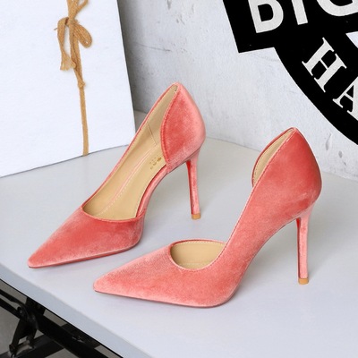 9269 European and American style banquet shoes sexy slim heels velvet side empty high heels shallow mouth slimming point