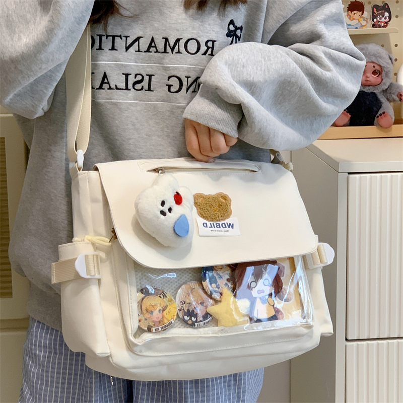 일본 스타일 2 차원 귀여운 곰 크로스 바디 백 여성 대학 스타일 대용량 메신저 백 투명 밀백