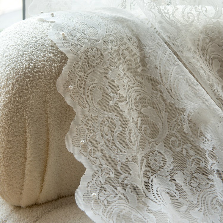 French Pastoral Style Phoenix Tail Beaded White Yarn Warp-Knitted Lace Window Curtain Fabric Wholesale