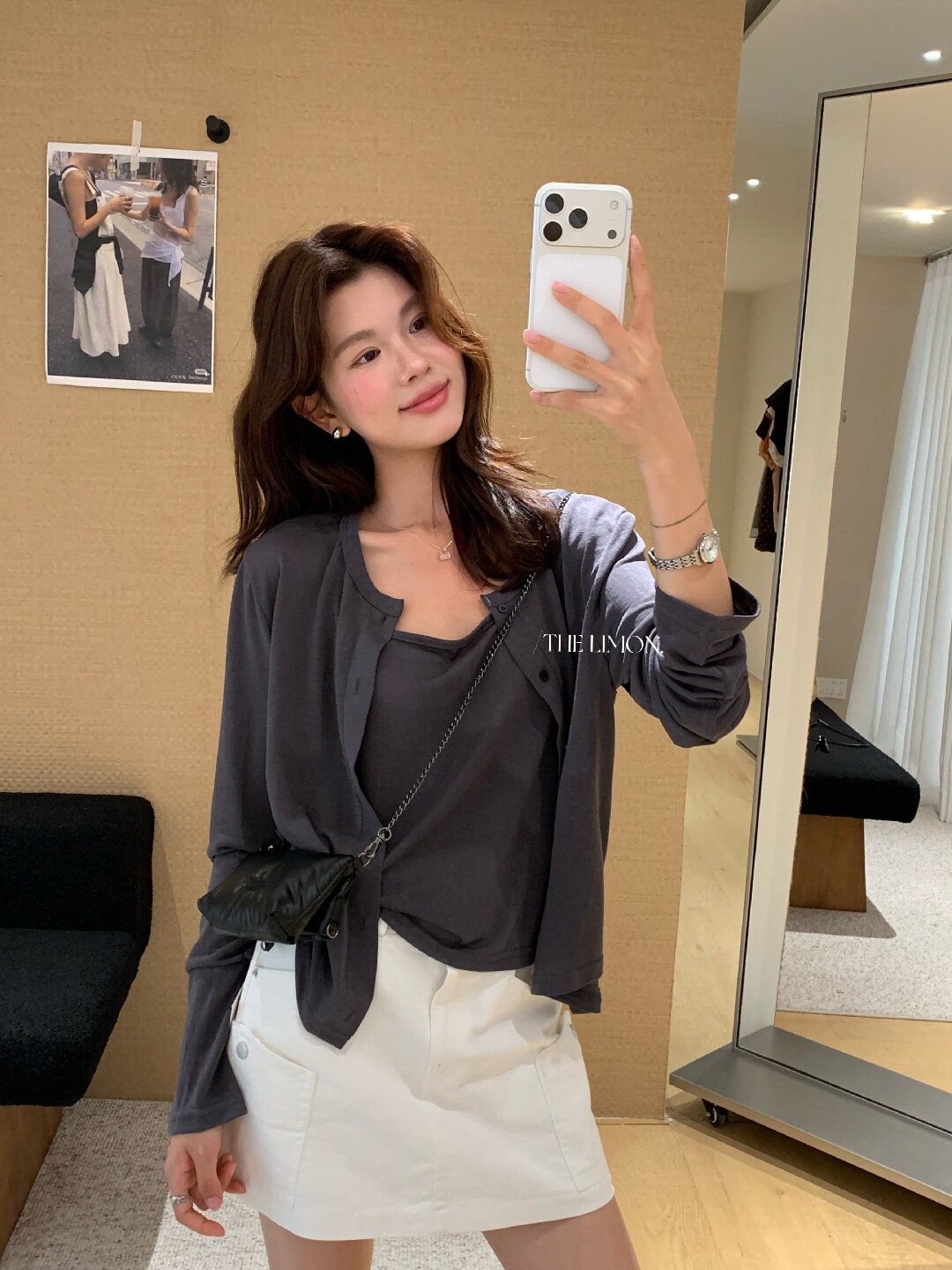 Bộ cardigan len mỏng kèm áo hai dây hai mảnh nữ mùa hè — Xám cacbon, xanh lam, màu hồng, Đậu xanh chi tiết 61