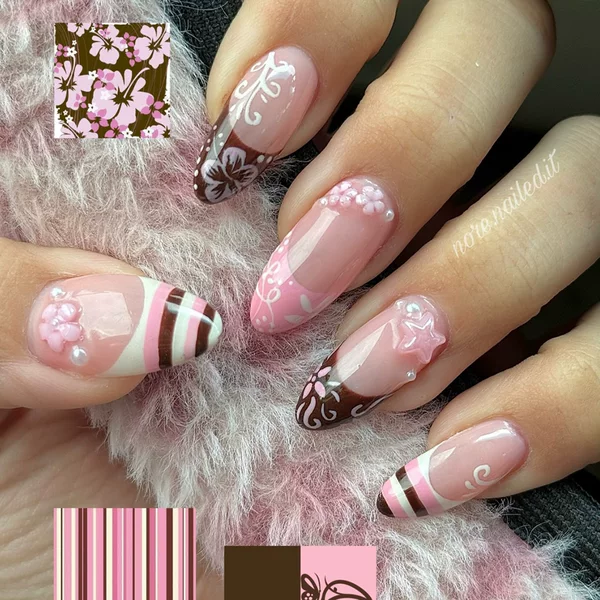 European and American Cross-Border Almond Stripe Floral Print Pink-Brown Nails Nail Art Nail Pieces Wholesale in Stock