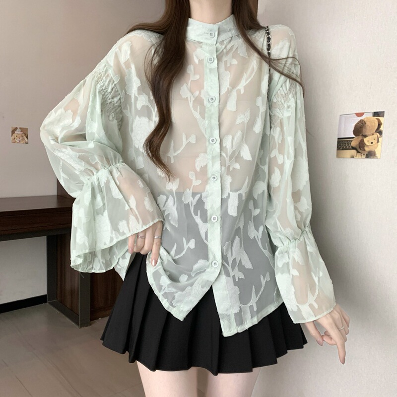 Summer New Style Foreign Trade Women's Clothing Floral Puff Sleeve Lace Shirt Chiffon Top Long-Sleeved Shirt Reversible Summer New Style Foreign Trade Women's Clothing Floral Puff Sleeve Lace Shirt Chiffon Top Long-Sleeved Shirt Reversible
