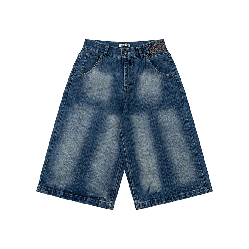 Unisex Vintage Paris Buckle Denim Capri Pants With Bamboo-Joint Wash, Relaxed Fit Over-Knee Shorts For Summer_mkmklike.com