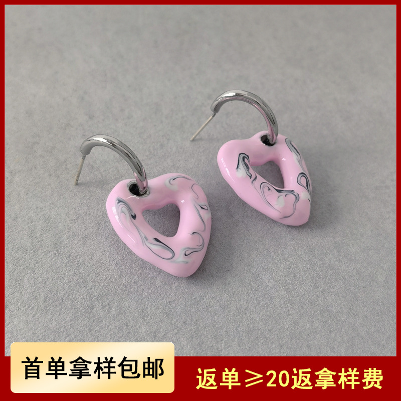 S925银针气质粉色爱心耳钉个性不规则花纹C字耳环甜酷设计耳饰894