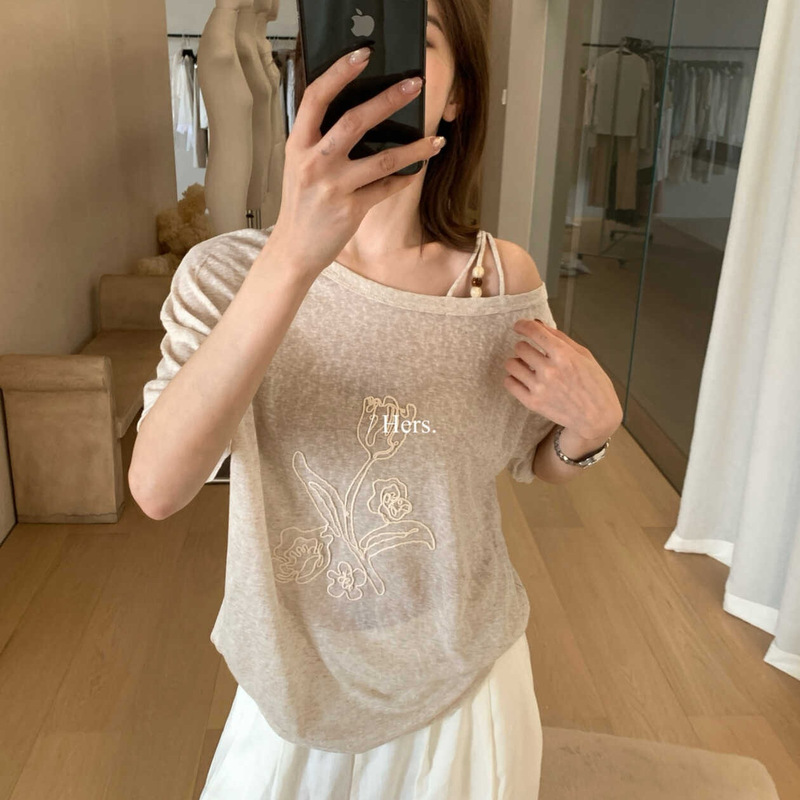 Zhijian Simple Retro Daily Thin Beaded Design Asymmetrical Shoulder Top T-Shirt Women's Short Sleeve 80669