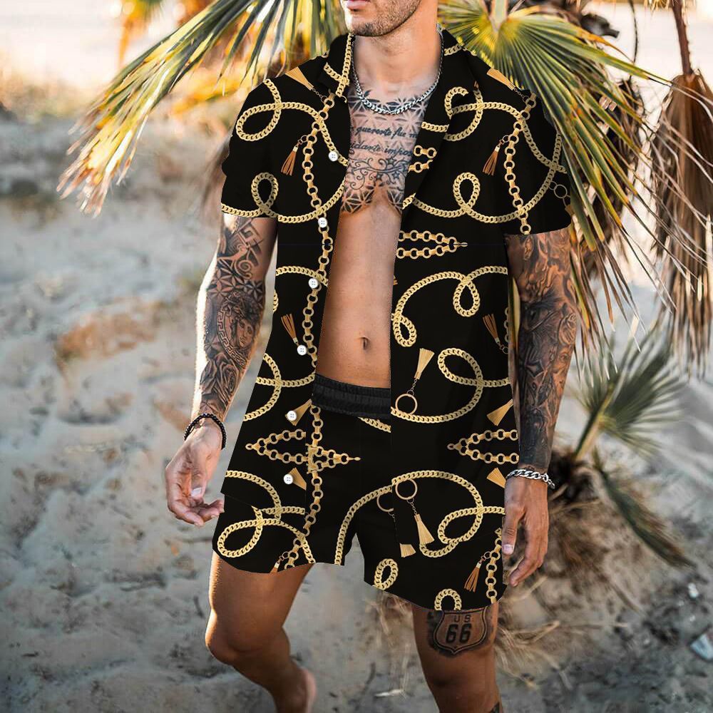 국경 간 남성 캐주얼 정장 슬림 반소매 셔츠 남성 비치 정장 대외 무역 드롭 배송