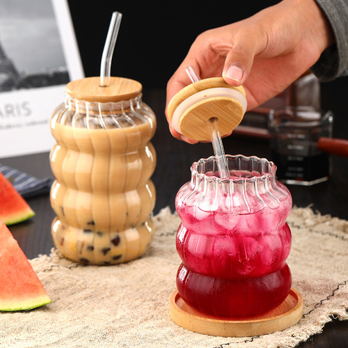 Large capacity cold drink cup coffee cup transparent glass vertical pattern chubby cup caterpillar straw cup glass