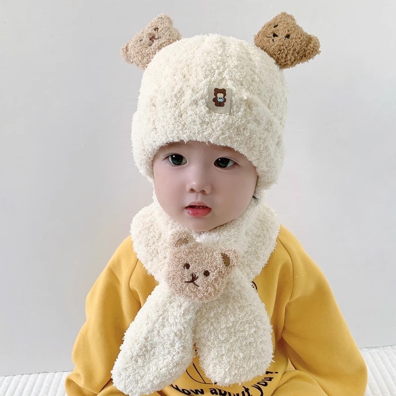 宝宝秋冬帽子围巾套装可爱超萌婴幼儿童毛绒帽女童冬款保暖毛线帽|undefined