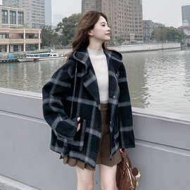 实拍复古格纹学院风连帽双面呢羊绒大衣女2025冬季小个子呢子外套