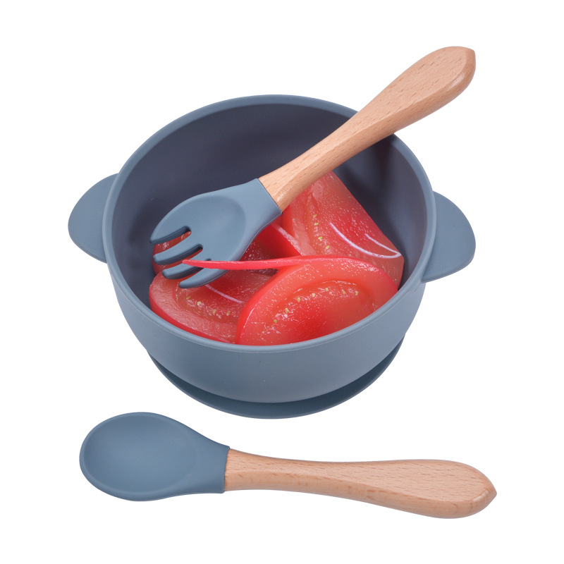 【廠家現(xiàn)貨】木柄硅膠勺子叉子 寶寶硅膠叉勺餐具套裝批發(fā)