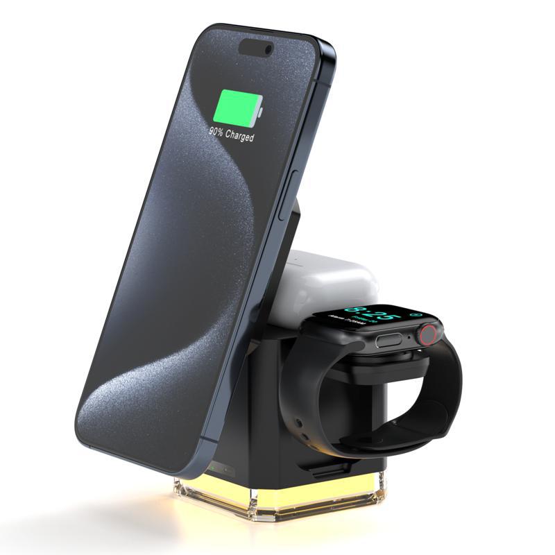 Soporte para teléfono móvil, vertical plegable, adecuado para teléfono móvil Apple, auricular Bluetooth, cargador inalámbrico tres en uno magnético de 15W